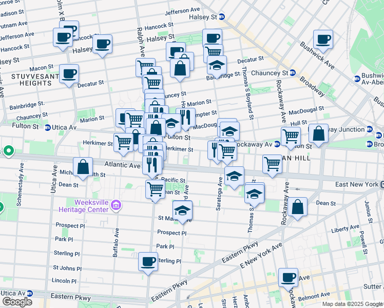 map of restaurants, bars, coffee shops, grocery stores, and more near 30 Dewey Place in Brooklyn