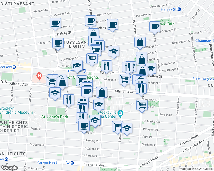 map of restaurants, bars, coffee shops, grocery stores, and more near 65 Rochester Avenue in Brooklyn