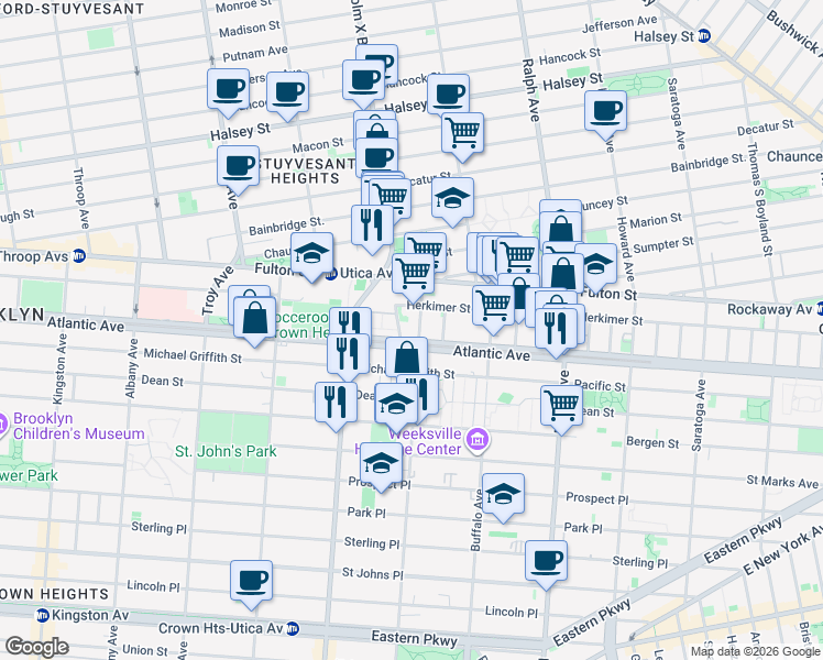 map of restaurants, bars, coffee shops, grocery stores, and more near 65 Rochester Avenue in Brooklyn