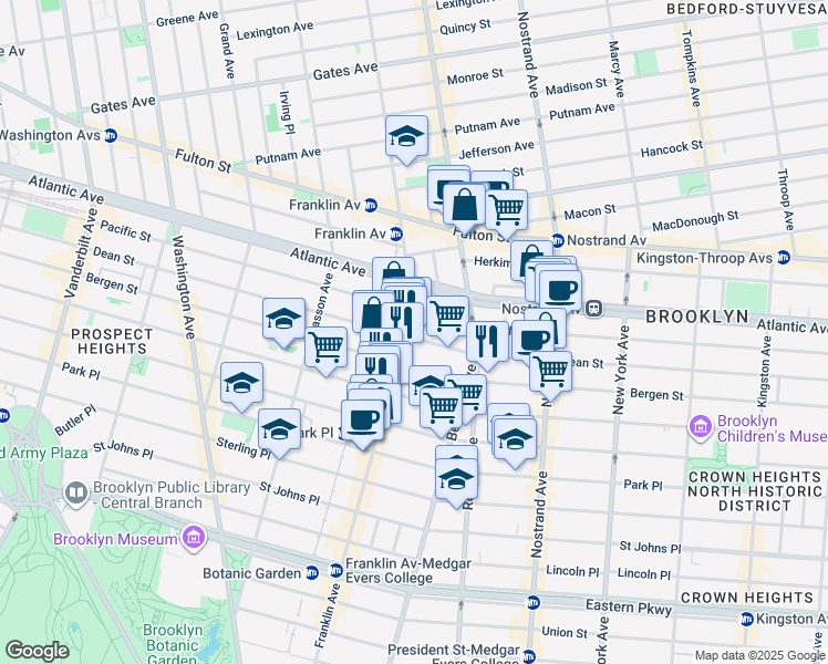 map of restaurants, bars, coffee shops, grocery stores, and more near 1076 Dean Street in Brooklyn