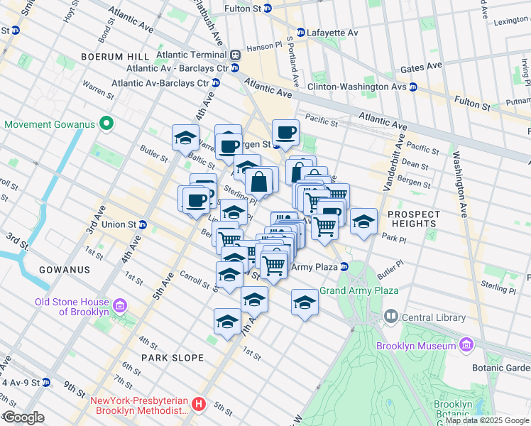 map of restaurants, bars, coffee shops, grocery stores, and more near 119 Saint Johns Place in Brooklyn