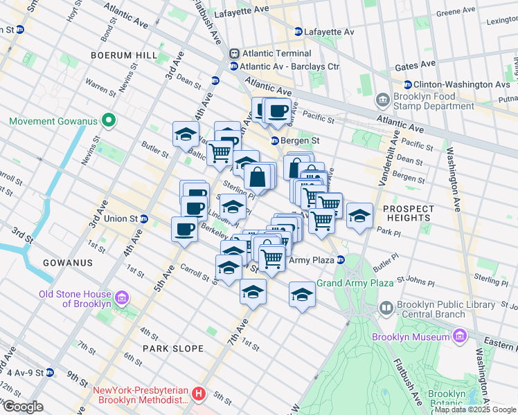 map of restaurants, bars, coffee shops, grocery stores, and more near 119 Saint Johns Place in Brooklyn
