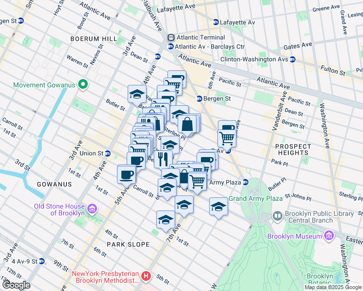 map of restaurants, bars, coffee shops, grocery stores, and more near 162 6th Avenue in Brooklyn