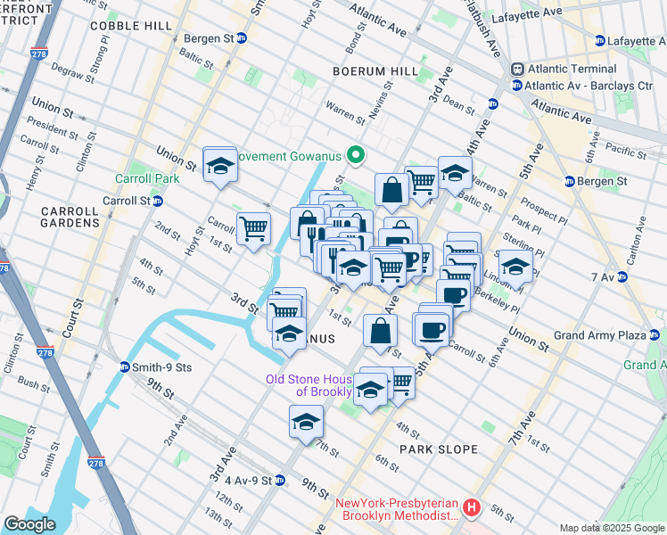 map of restaurants, bars, coffee shops, grocery stores, and more near 276 3rd Avenue in Brooklyn