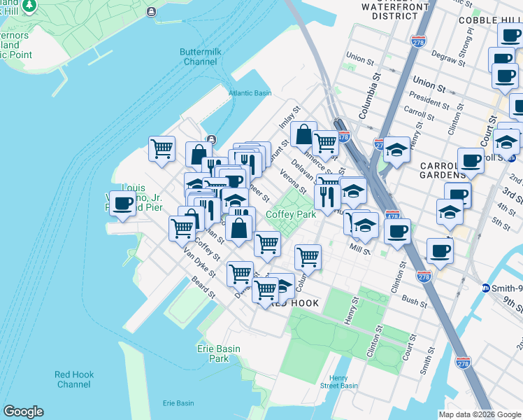 map of restaurants, bars, coffee shops, grocery stores, and more near 135 Richards Street in Brooklyn