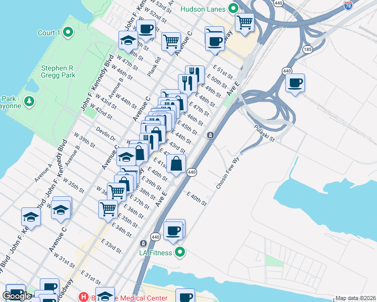 map of restaurants, bars, coffee shops, grocery stores, and more near 676 Avenue E in Bayonne
