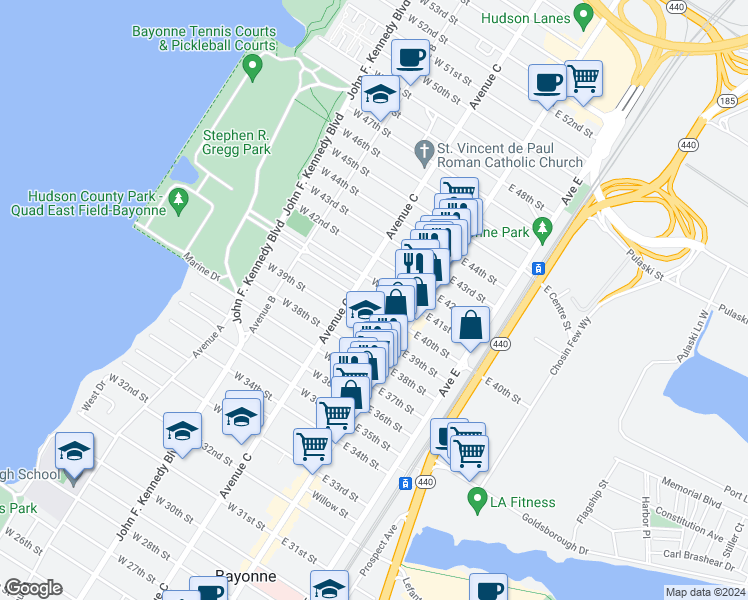 map of restaurants, bars, coffee shops, grocery stores, and more near 31 West 39th Street in Bayonne