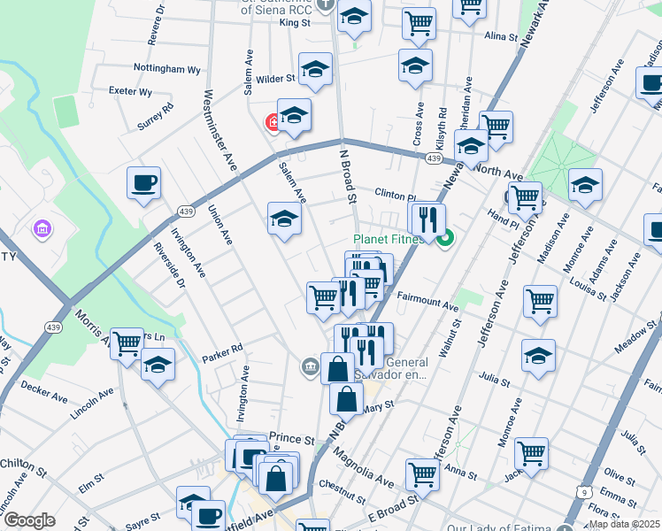 map of restaurants, bars, coffee shops, grocery stores, and more near 624-640 Salem Avenue in Elizabeth