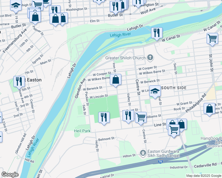 map of restaurants, bars, coffee shops, grocery stores, and more near 939 West Lincoln Street in Easton