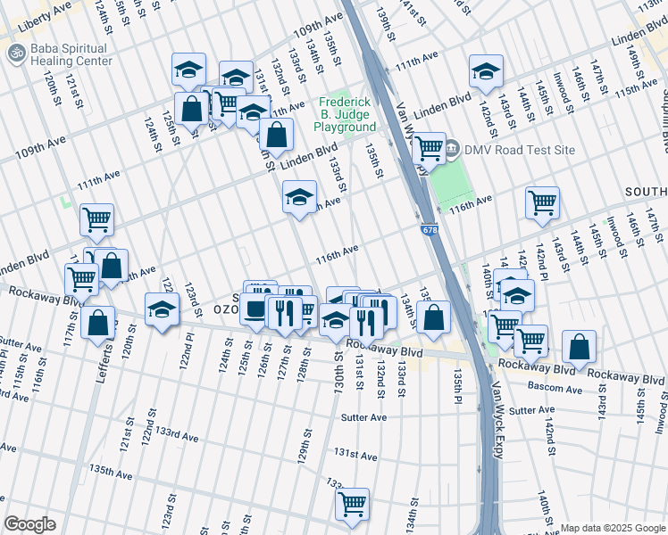 map of restaurants, bars, coffee shops, grocery stores, and more near 116-31 130th Street in Queens