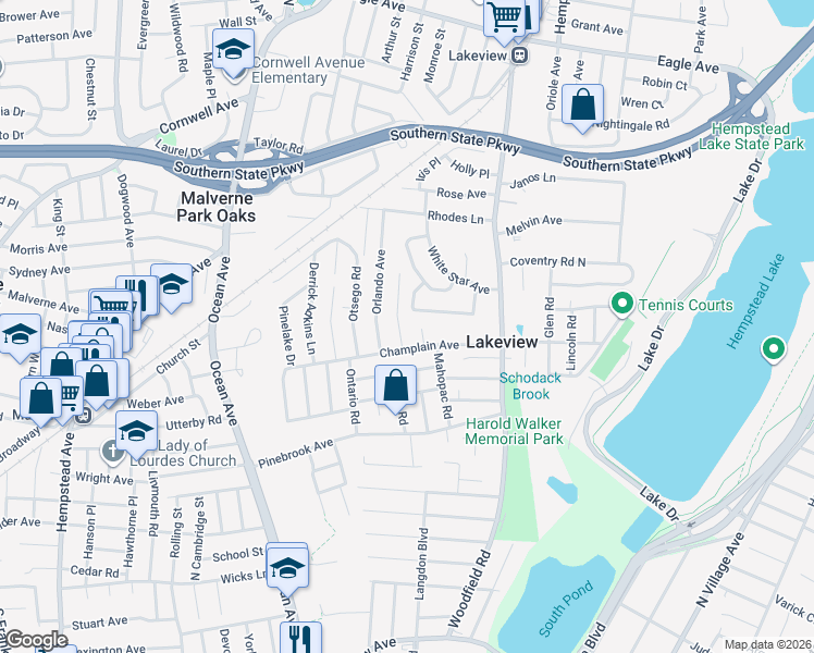 map of restaurants, bars, coffee shops, grocery stores, and more near 475 Champlain Avenue in West Hempstead