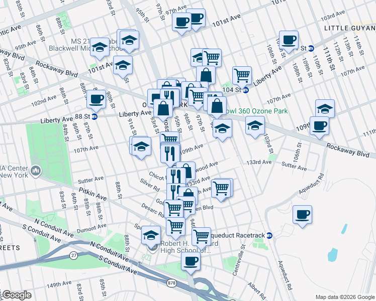 map of restaurants, bars, coffee shops, grocery stores, and more near 94-54 Sutter Avenue in Queens