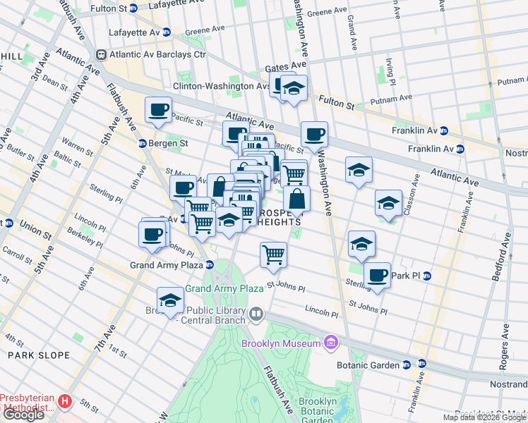 map of restaurants, bars, coffee shops, grocery stores, and more near 291 Park Place in Brooklyn