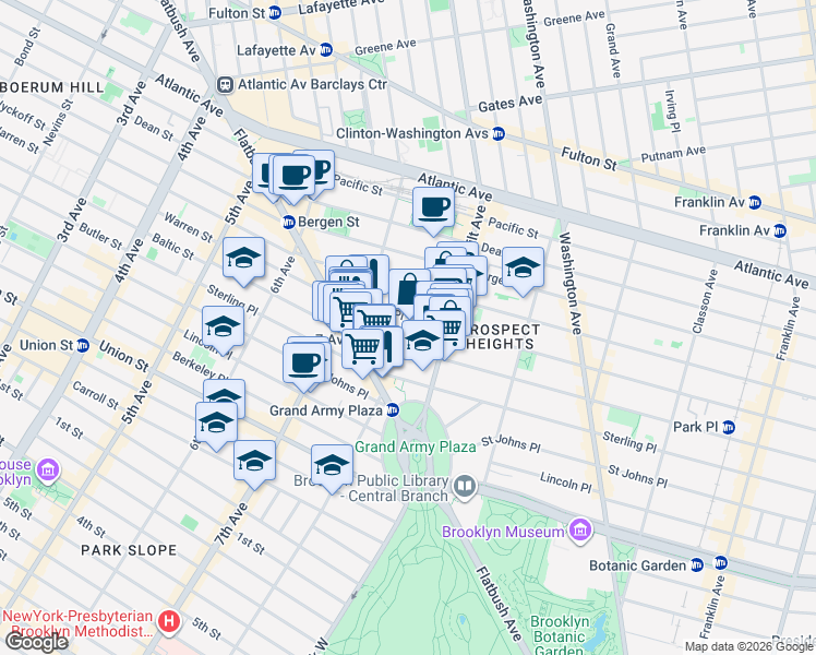 map of restaurants, bars, coffee shops, grocery stores, and more near 210 Park Place in Brooklyn