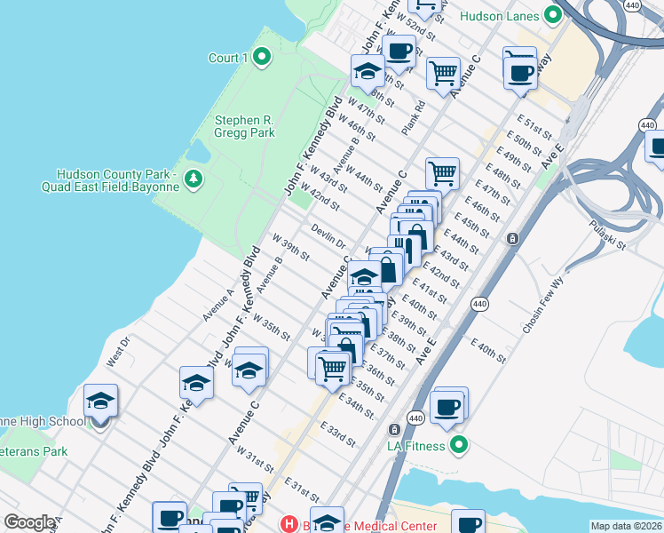 map of restaurants, bars, coffee shops, grocery stores, and more near 858 Avenue C in Bayonne