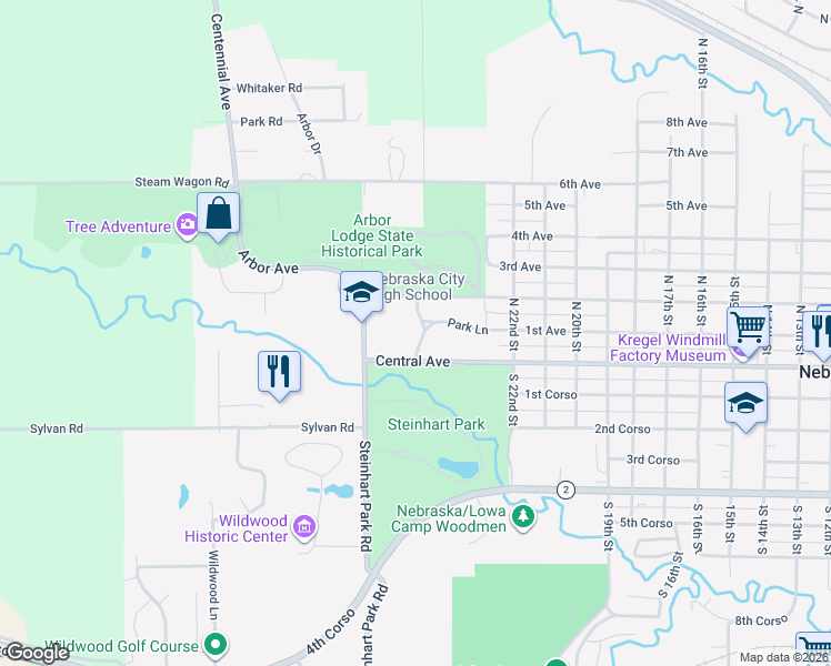 map of restaurants, bars, coffee shops, grocery stores, and more near 2410-2498 Central Avenue in Nebraska City