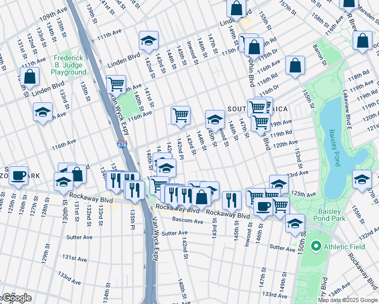 map of restaurants, bars, coffee shops, grocery stores, and more near 11769 142nd Place in Queens