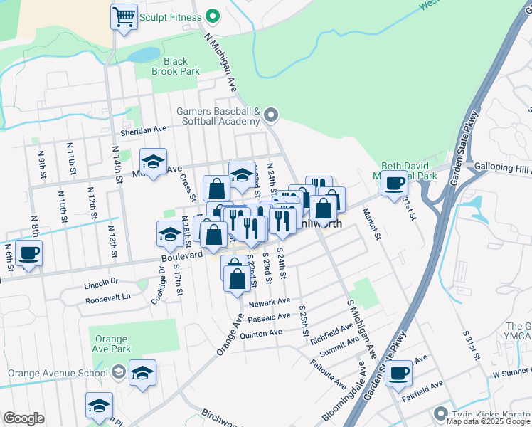 map of restaurants, bars, coffee shops, grocery stores, and more near 10 North 24th Street in Kenilworth