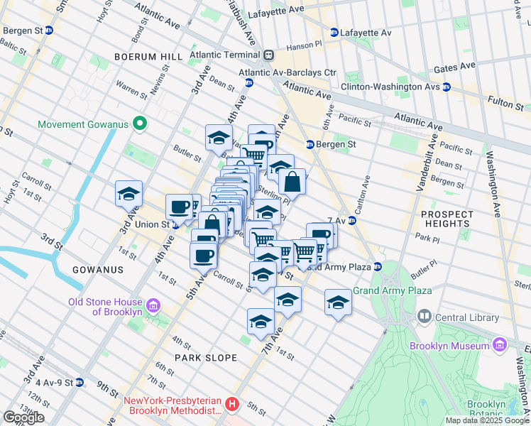 map of restaurants, bars, coffee shops, grocery stores, and more near 50 Saint Johns Place in Brooklyn