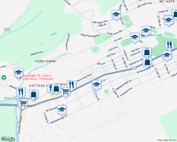 map of restaurants, bars, coffee shops, grocery stores, and more near 2084 King Avenue in Pottsville
