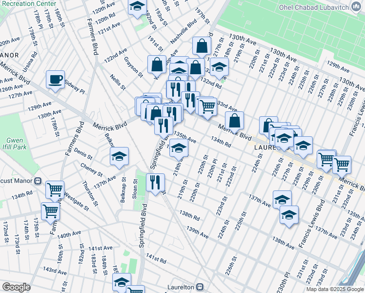 map of restaurants, bars, coffee shops, grocery stores, and more near 217-09 136th Road in Queens