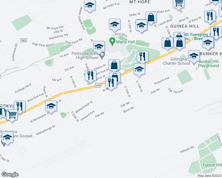map of restaurants, bars, coffee shops, grocery stores, and more near 1701 West Norwegian Street in Pottsville