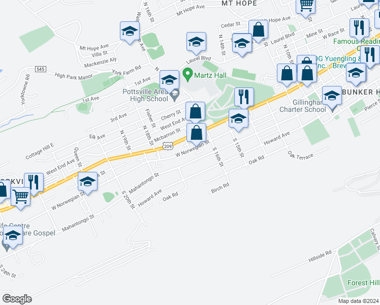 map of restaurants, bars, coffee shops, grocery stores, and more near 1701 West Norwegian Street in Pottsville
