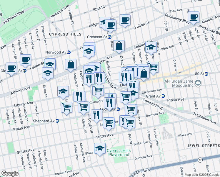 map of restaurants, bars, coffee shops, grocery stores, and more near 403 Chestnut Street in Brooklyn