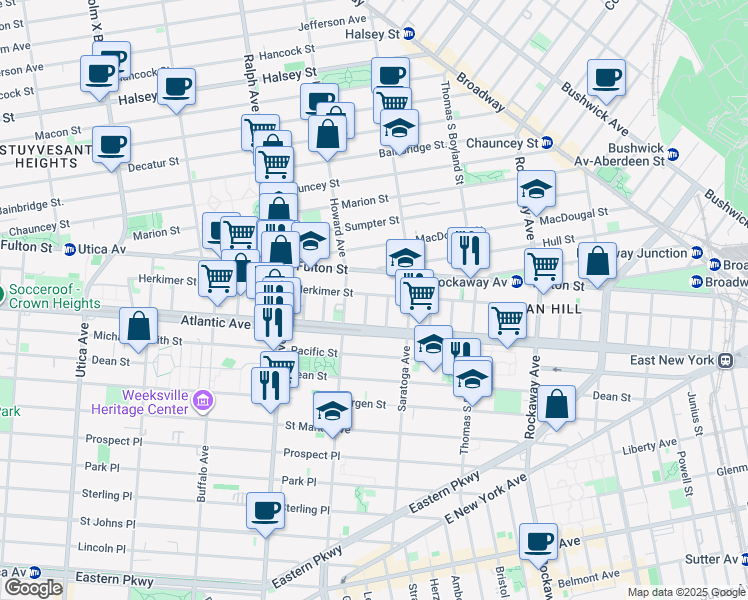 map of restaurants, bars, coffee shops, grocery stores, and more near 30 Dewey Place in Brooklyn
