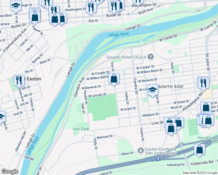 map of restaurants, bars, coffee shops, grocery stores, and more near 939 West Lincoln Street in Easton