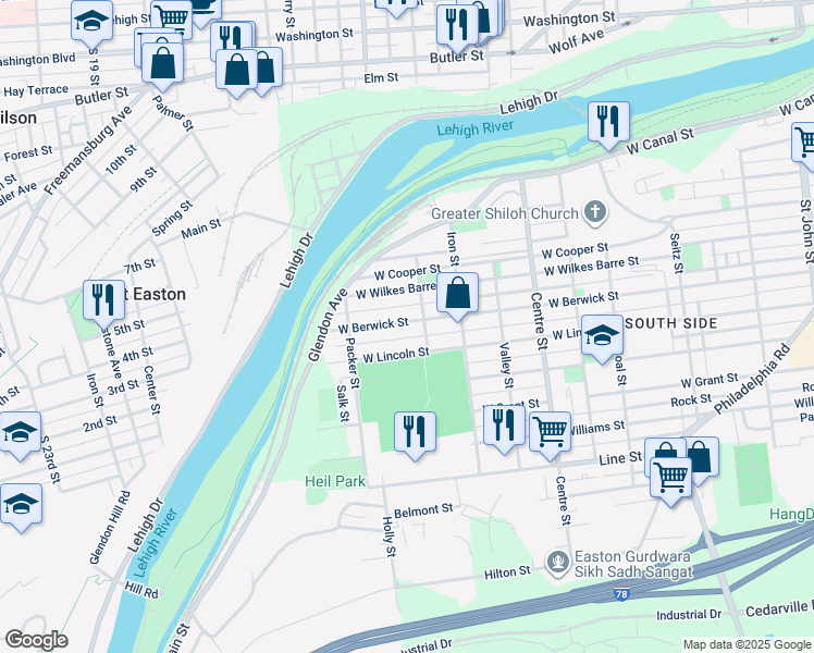 map of restaurants, bars, coffee shops, grocery stores, and more near 1022 West Berwick Street in Easton