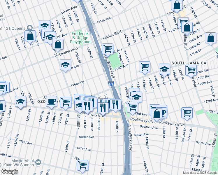 map of restaurants, bars, coffee shops, grocery stores, and more near 13519 Foch Boulevard in Queens