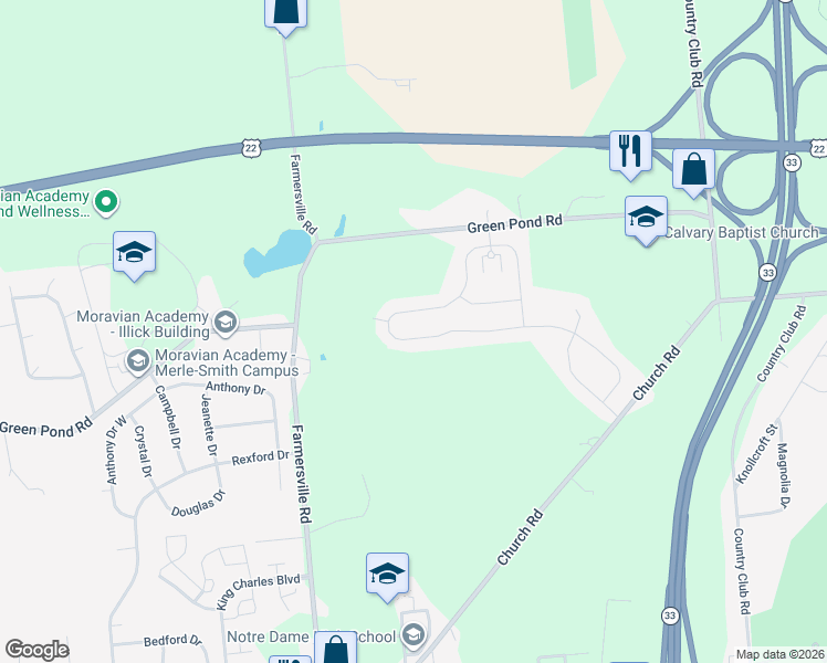 map of restaurants, bars, coffee shops, grocery stores, and more near 3604 Farmersville Road in Easton