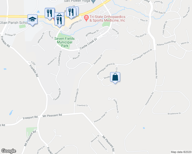 map of restaurants, bars, coffee shops, grocery stores, and more near 799 Norwegian Spruce Drive in Mars