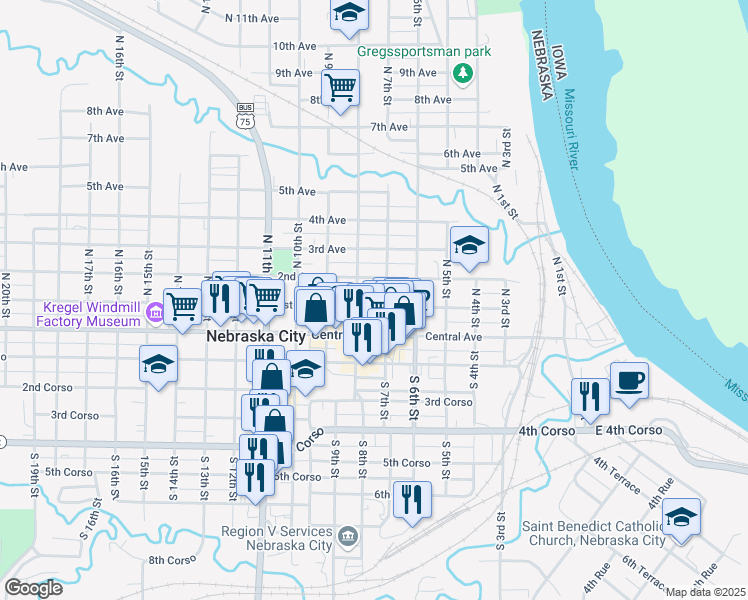map of restaurants, bars, coffee shops, grocery stores, and more near 710 1st Avenue in Nebraska City
