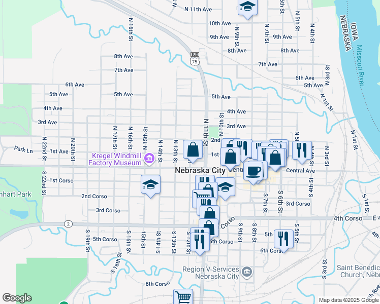 map of restaurants, bars, coffee shops, grocery stores, and more near 215 North 12th Street in Nebraska City