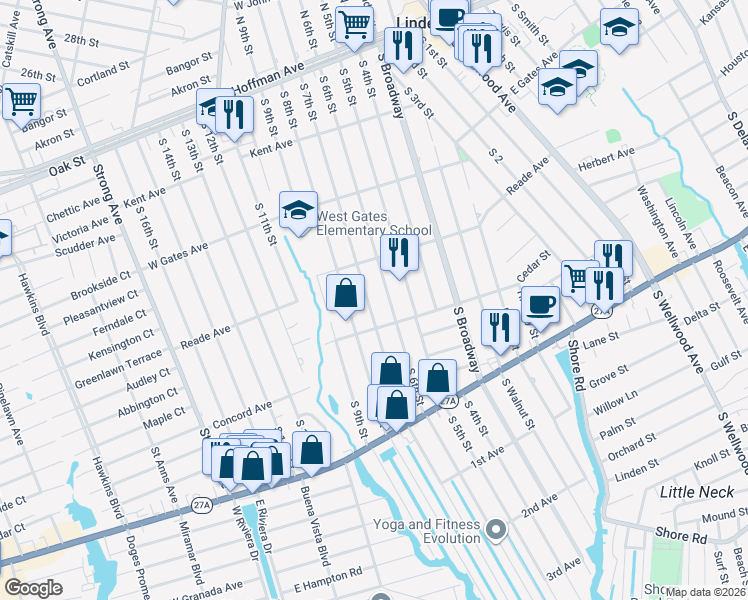 map of restaurants, bars, coffee shops, grocery stores, and more near 495 South 6th Street in Lindenhurst