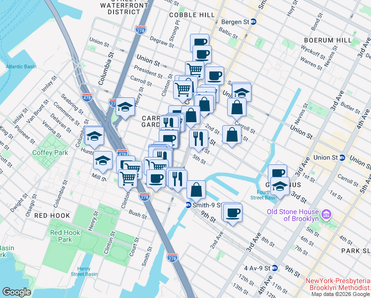 map of restaurants, bars, coffee shops, grocery stores, and more near 129 4th Place in Brooklyn