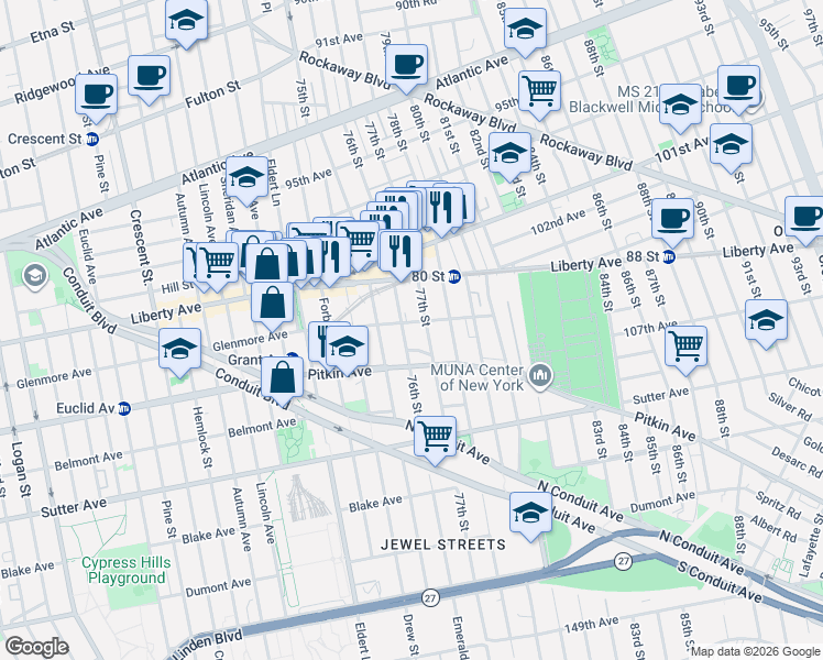 map of restaurants, bars, coffee shops, grocery stores, and more near 105-27 77th Street in Queens