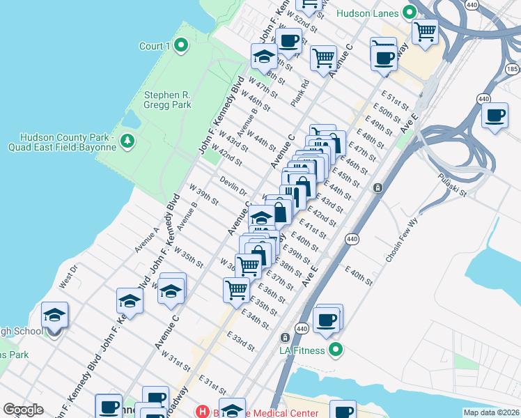 map of restaurants, bars, coffee shops, grocery stores, and more near 900 Avenue C in Bayonne