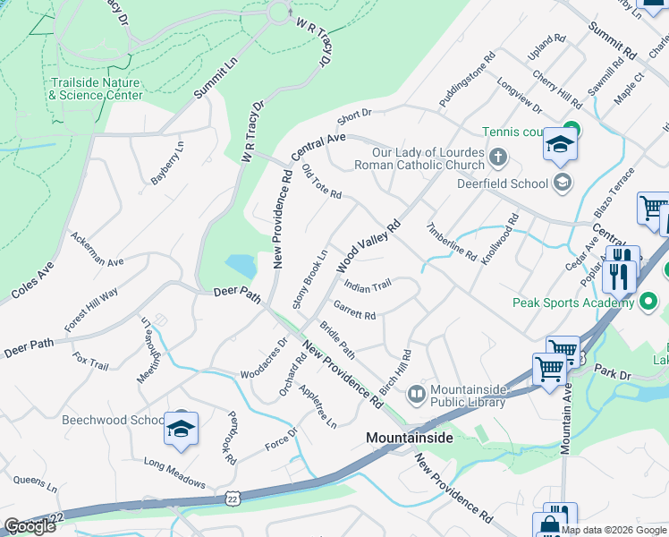map of restaurants, bars, coffee shops, grocery stores, and more near 1350 Wood Valley Road in Mountainside