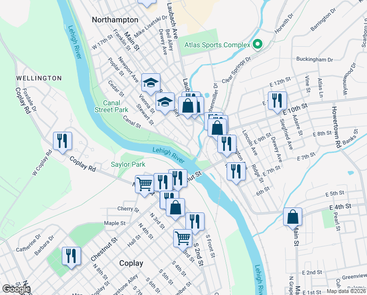 map of restaurants, bars, coffee shops, grocery stores, and more near 1224 Newport Avenue in Northampton