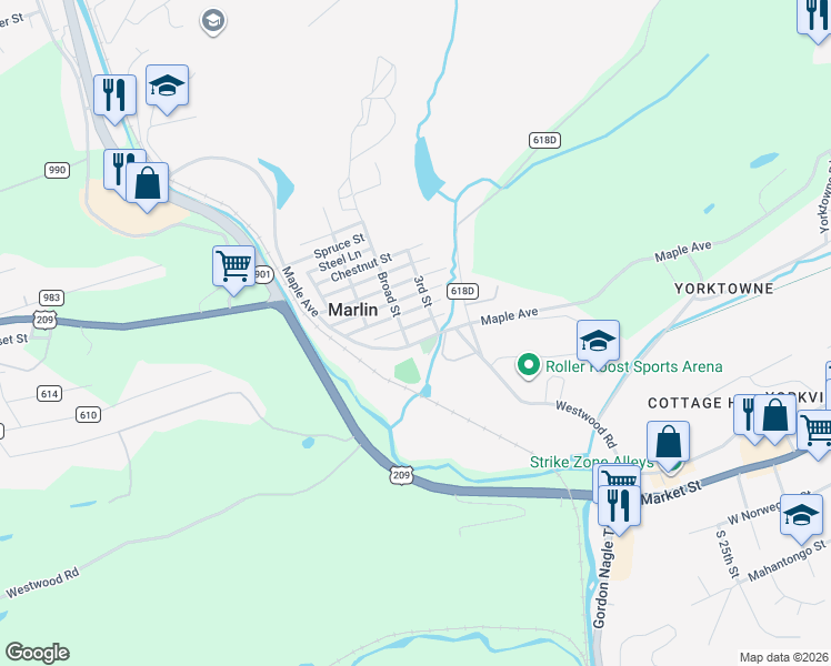 map of restaurants, bars, coffee shops, grocery stores, and more near 401 Walnut Street in Lehighton
