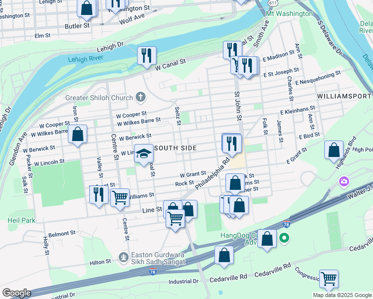 map of restaurants, bars, coffee shops, grocery stores, and more near 378 West Berwick Street in Easton