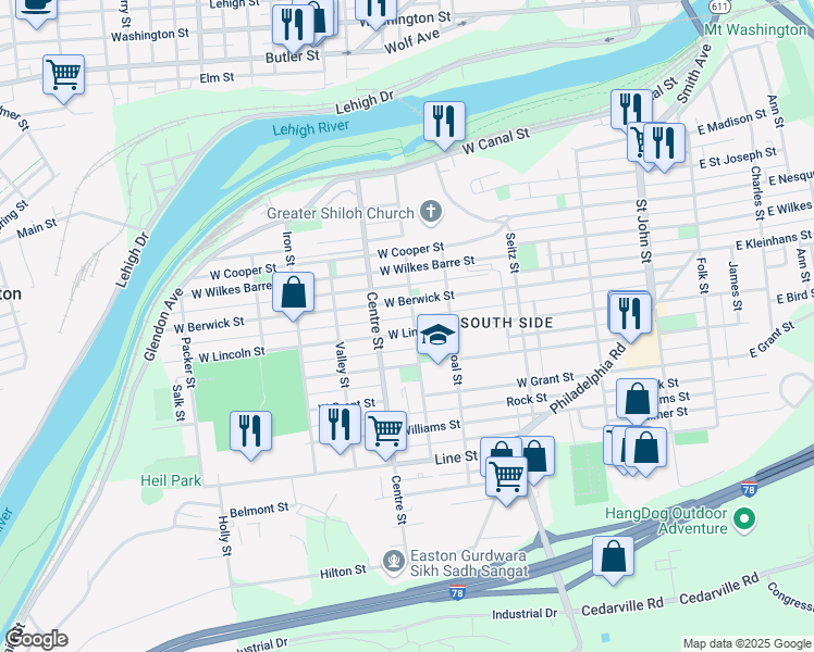 map of restaurants, bars, coffee shops, grocery stores, and more near 530 West Berwick Street in Easton