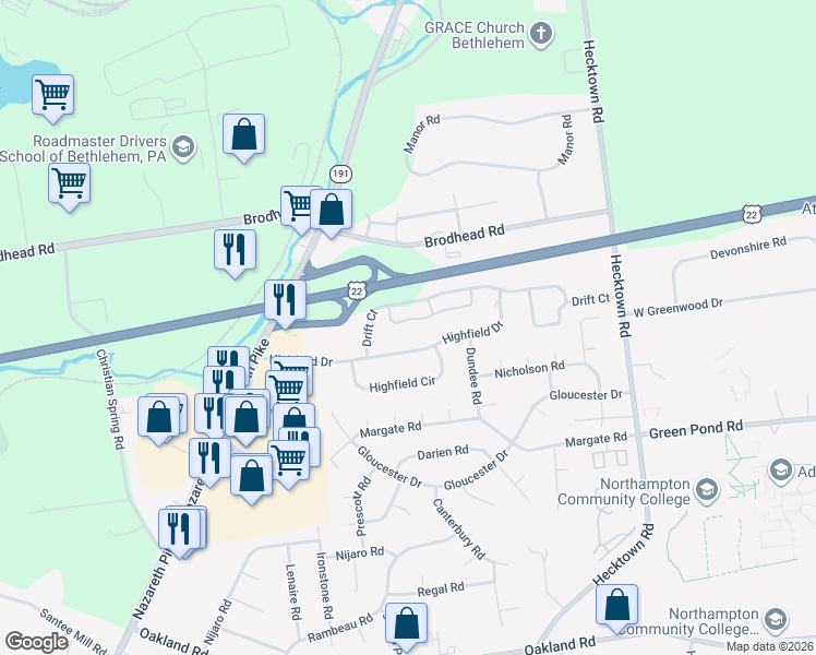 map of restaurants, bars, coffee shops, grocery stores, and more near 1705 Briarwood Drive in Bethlehem