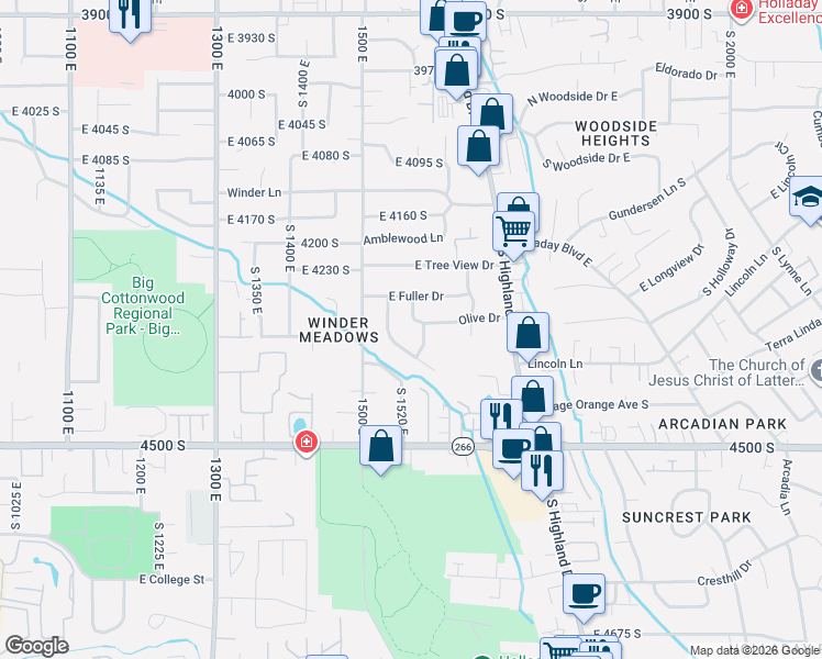 map of restaurants, bars, coffee shops, grocery stores, and more near 1586 East Fuller Drive in Millcreek