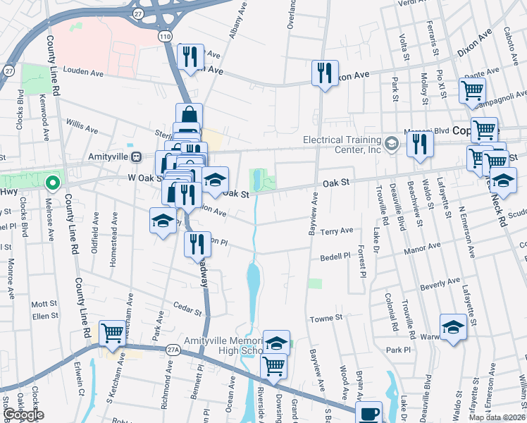 map of restaurants, bars, coffee shops, grocery stores, and more near in Amityville