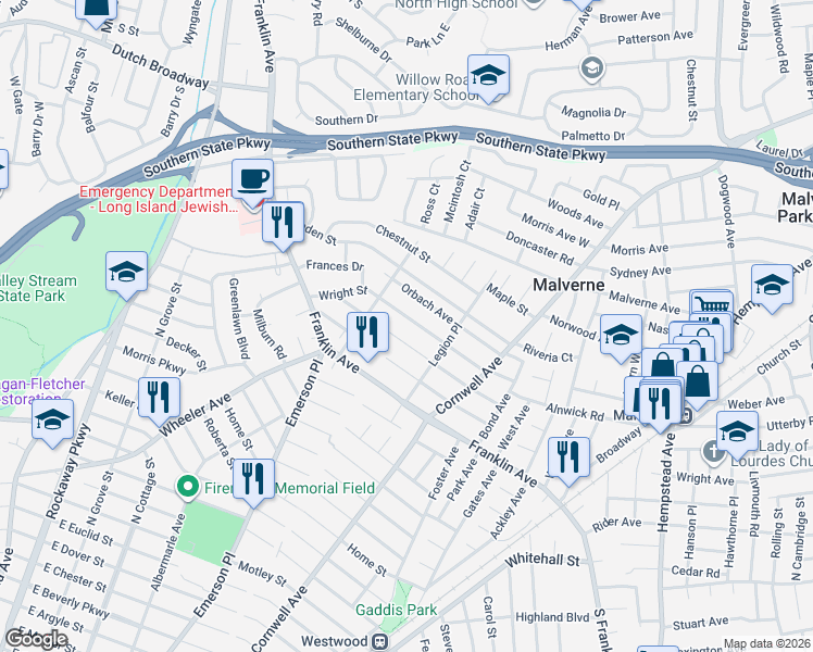 map of restaurants, bars, coffee shops, grocery stores, and more near 103 Orbach Avenue in Malverne