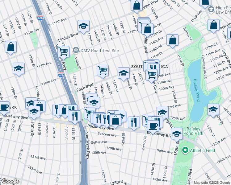 map of restaurants, bars, coffee shops, grocery stores, and more near 117-30 144th Street in Queens